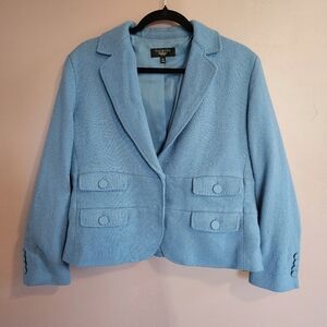 Talbots Petites Light Blue 100% Wool Knit V-Neck Clover Leaf Lapel Blazer